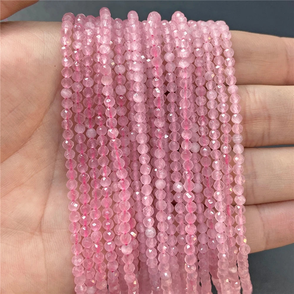 2mm 3mm 4mm Faceted Natural Stone Pink Rose Quartzs Crystal Beads Round Amethysts Loose Beads for DIY Jewelry Making Necklace