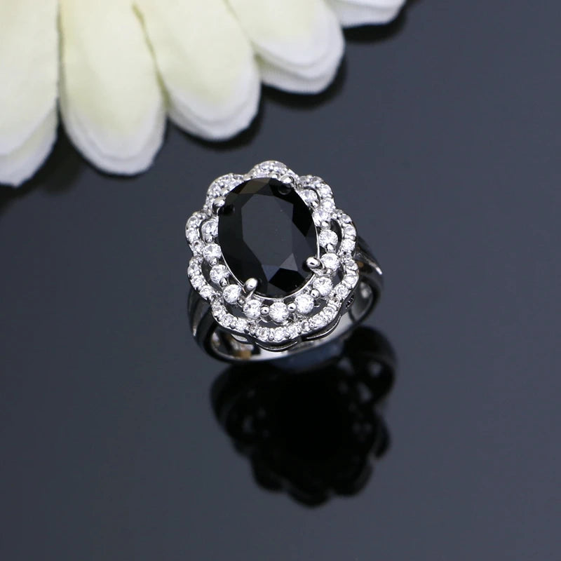 Women Silver 925 Costume Jewelry Sets Natural Black Stones Earrings Fashion Jewelry Gift for Her Party Bracelet Necklace Sets