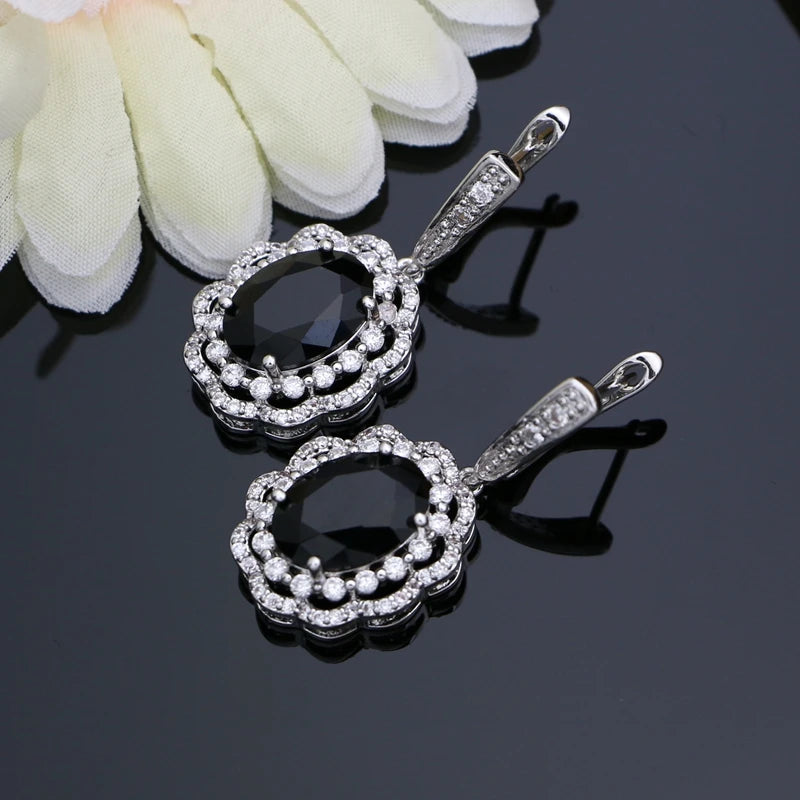 Women Silver 925 Costume Jewelry Sets Natural Black Stones Earrings Fashion Jewelry Gift for Her Party Bracelet Necklace Sets