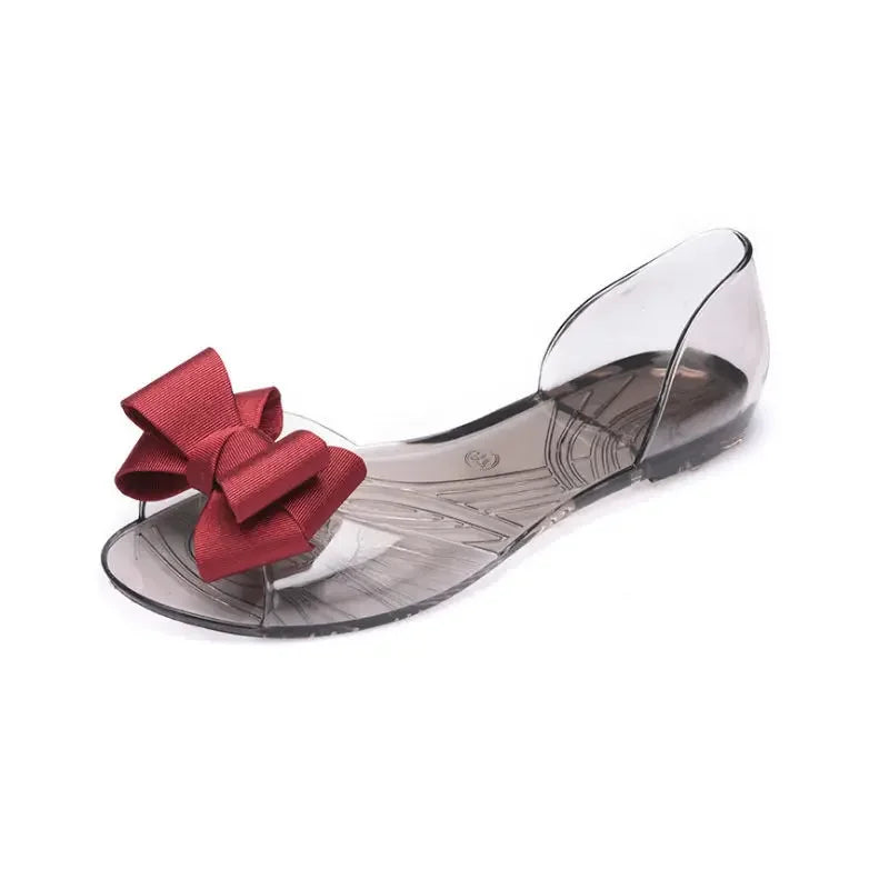 No Heel Beach Transparent Summer 2025 Jelly Sandals for Women Footwear Outdoor Bow Ladies Shoes Flat Rubber Crystal F Shoe Korea