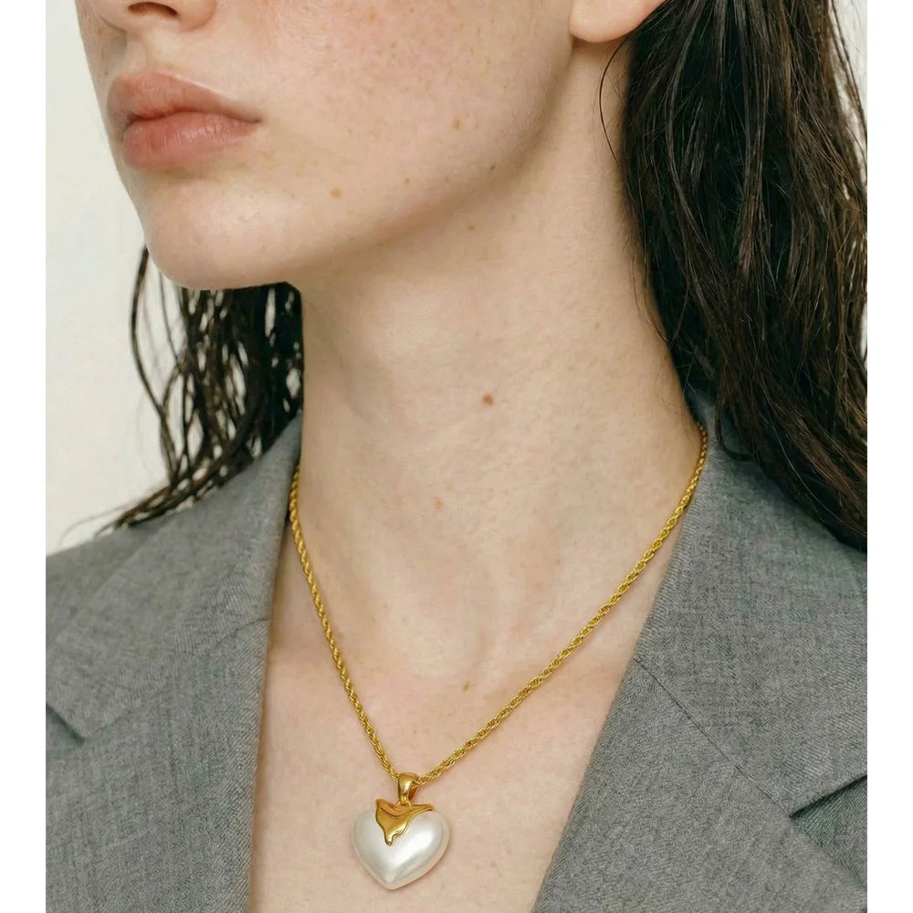 Yhpup Stainless Steel Imitation Pearls Heart Pendant Necklace for Women Elegance Popular Chic Romantic Korean Jewelry Gift