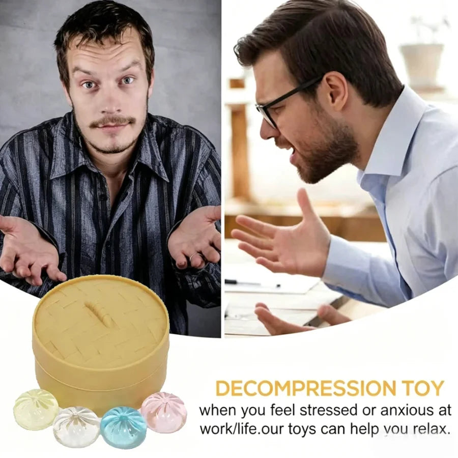 5Pcs Mini Dumplings with Steamer Bun Squeezable Toys Set Soft Stress Relief Crystal Squishy Fidget Sensory Toy Party Favors Gift