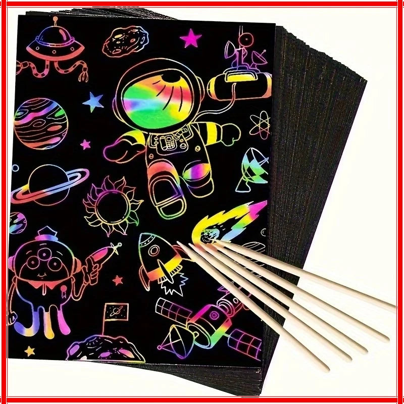 50 pcs Scratch Paper Kids Rainbow Magic Scratch Off Paper Sheets Art Craft Kit Black Note Paper Drawing Pads