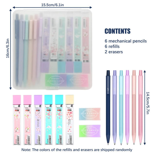 Cute Pastel Mechanical Pencil Set, 0.5mm & 0.7mm Dual Sizes for Precise Writing, Art Drawing Sketching Girls’ School Supplies