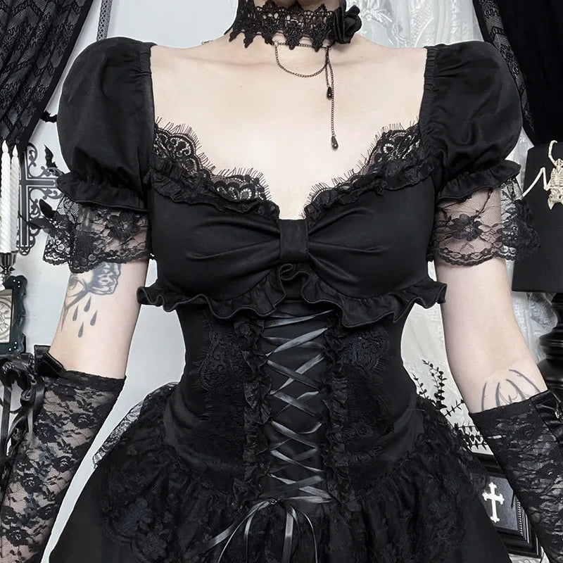 Goth Dark Gothic Lace Trim Puff Sleeve A-line Mini Dress Women Outfits Embellished Square Neck Dresses Bandage Lace Up Halloween