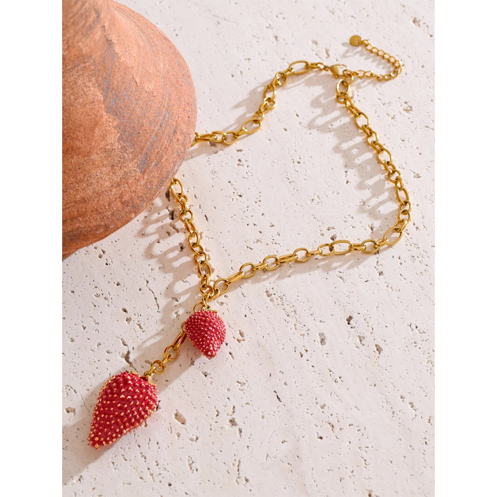 Yhpup Waterproof Sweet Red Lovey Strawberry Charms Pendant Necklace for Women Stainless Steel New Arrivals Trend Jewelry 2025