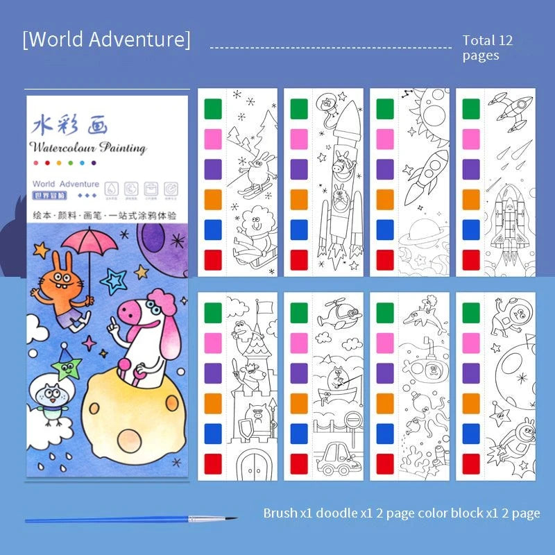 Portable Watercolor Book Set - 12 Sheets Gouache Painting with Brush, Kids Graffiti Drawing Art Stationery