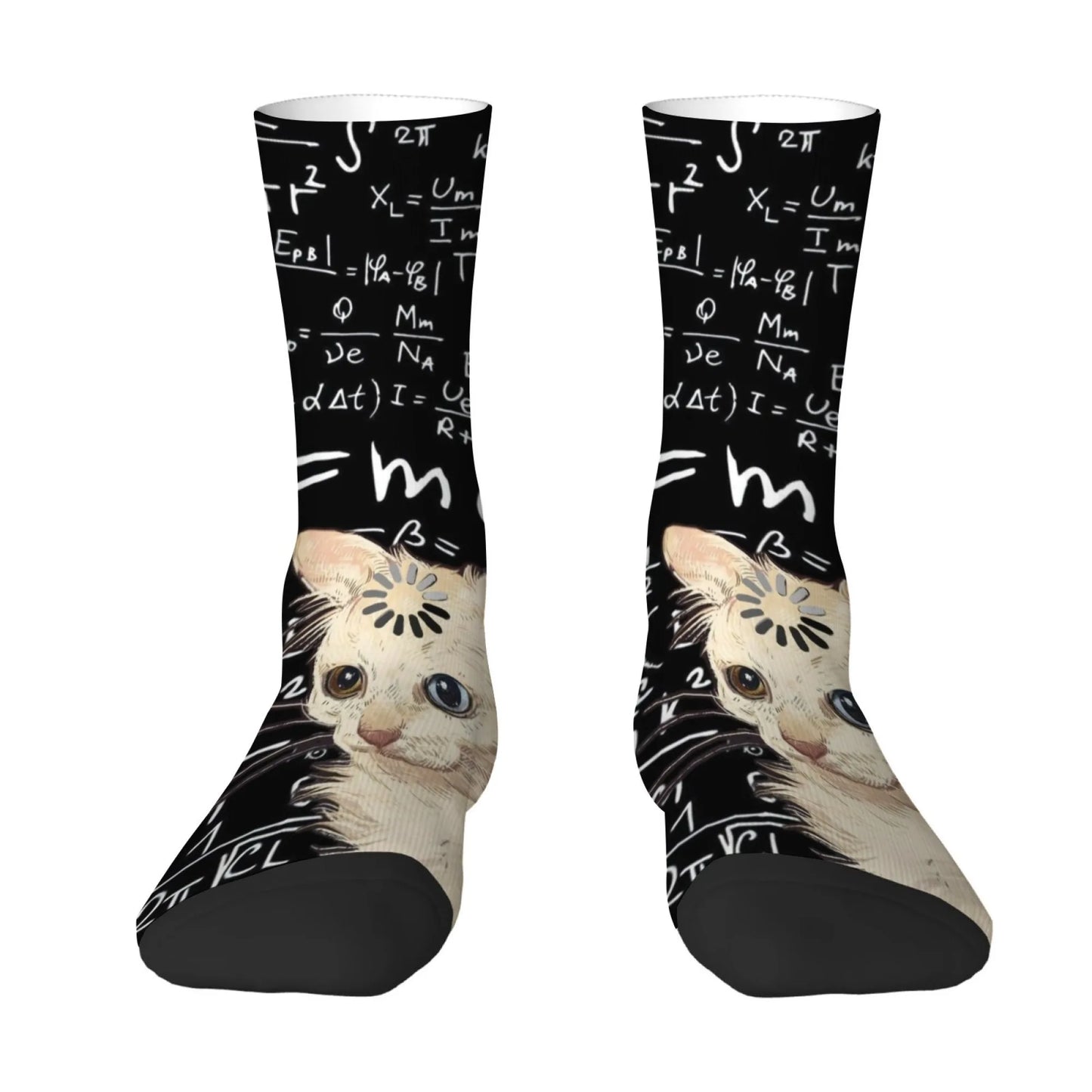 Schrödinger's Cat Science Formula Theme Print Men's Mid-Calf Socks Black Cute Funny Novel Hardcore STEM Style Student Socks