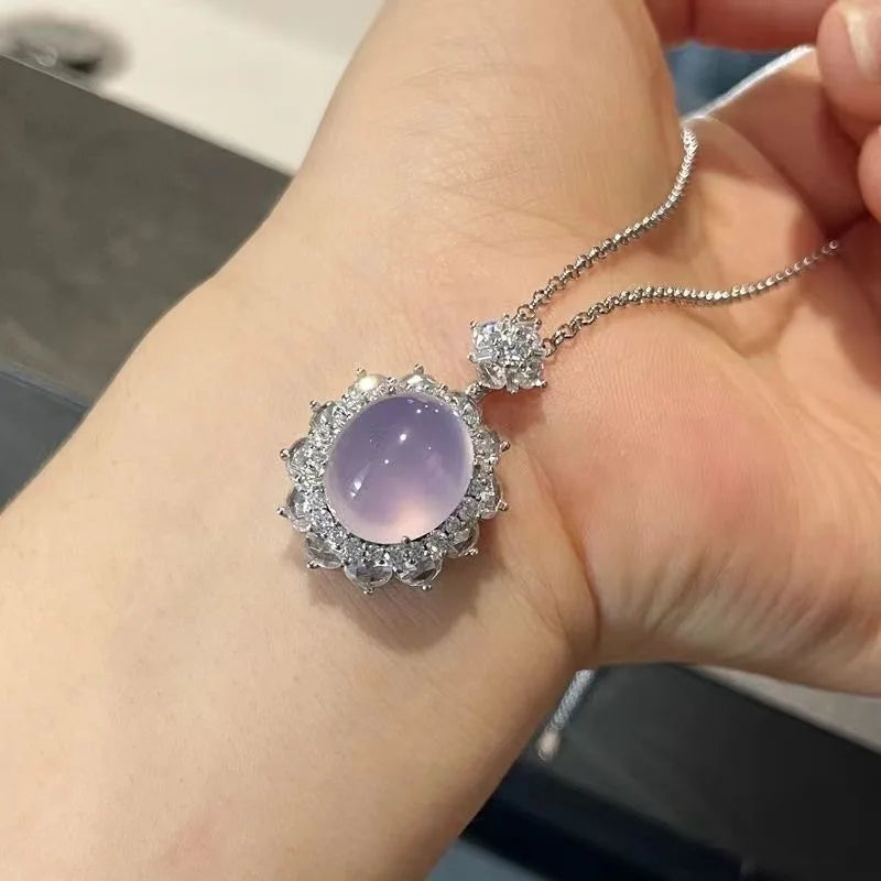 silver 925 inlaid diamonds natural chalcedony violet pendant necklace sweet original collar chain wedding fine jewelry gift