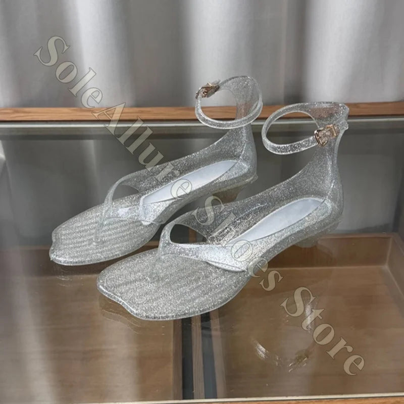 Glitter Jelly Sandals With Ankle Buckle Low Block Heel Thong Style Non Slip For Beach Trips And Summer Events