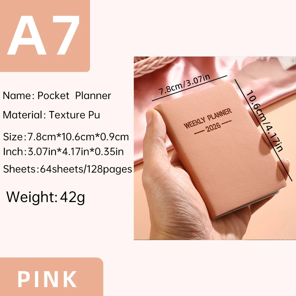 1Pc A7 2026 Daily Planner Notebook Morandi PU Cover Schedule Book 64Sheets 128Pages Weekly Calendar Journal Office School Gift