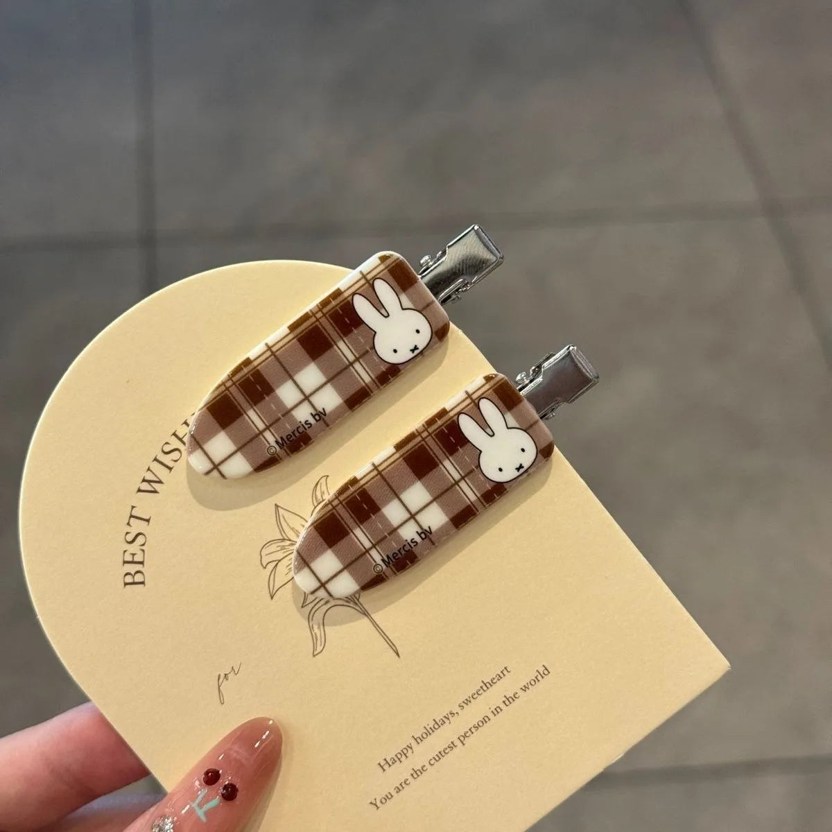 Kawaii Miffy Rabbit Hair Clip Coffee-colored Checkered Miffy Rabbit Traceless Clip Sweet and Retro Girl Cartoon Bangs Clip