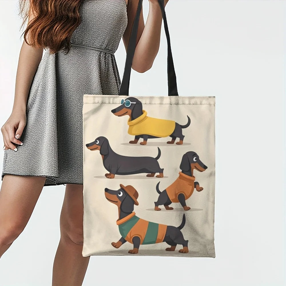 Chic Dachshund Print Tote Bag Large Capacity Casual Shoulder Handbag for Women Sturdy Polyester Reusable Grocery Shopping Bag