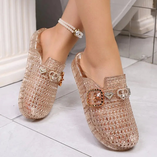 Women's jelly crystal open-toe slippers, new summer style, fashionable women's beach sandals, hollow design, non-slip.