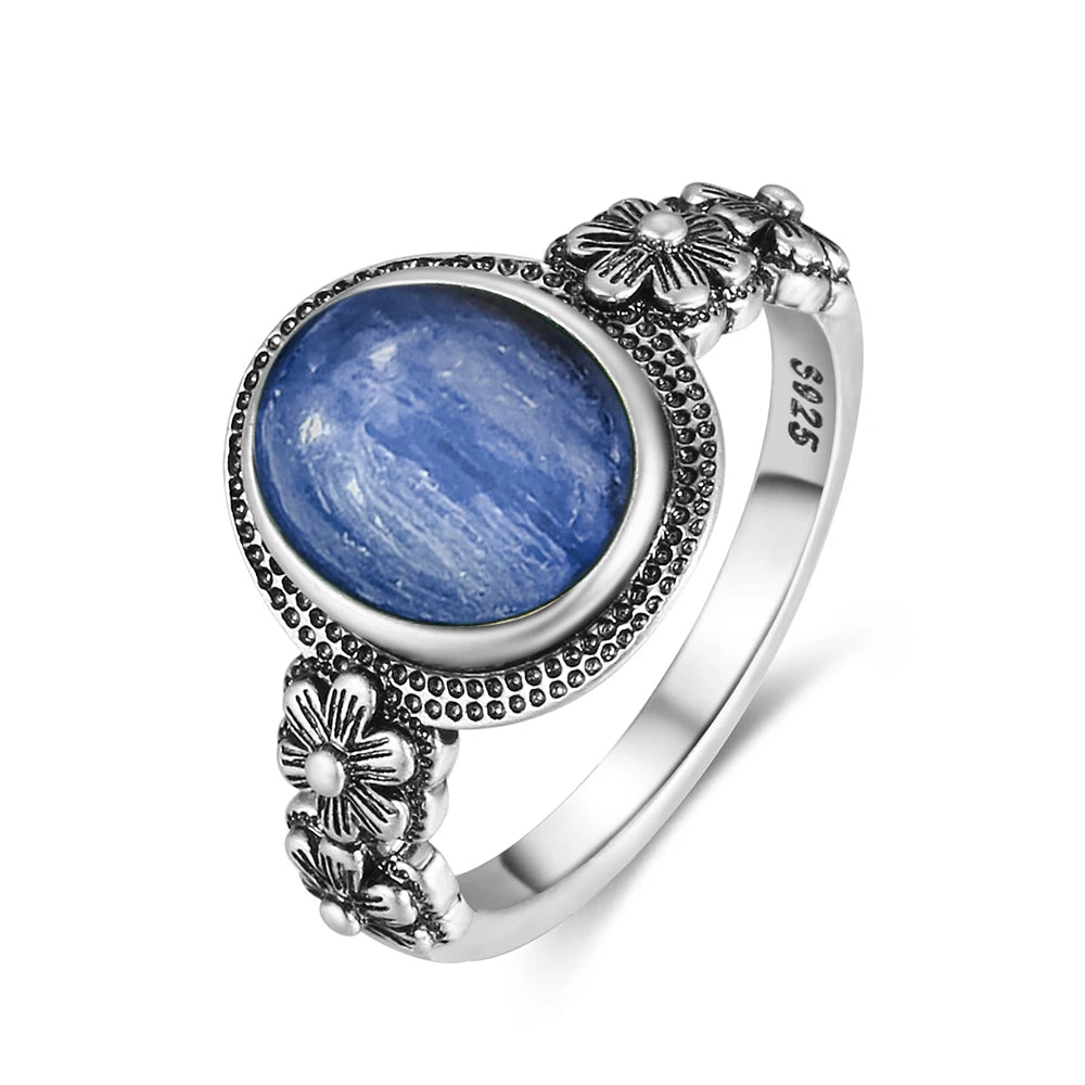 Vintage S925 Sterling Silver Rose Flower Ring With Oval 8*10mm Natural Moonstone Sweet Ring Fine Jewelry For Woman