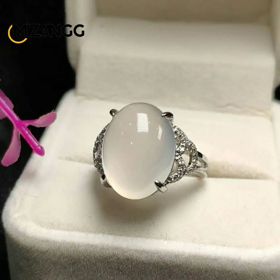 S925 Silver Inlaid Agate Ring Opening Adjustable Natural Green Chalcedony Hand-carved Ring Fashion Boutique Jewelry Women Ring