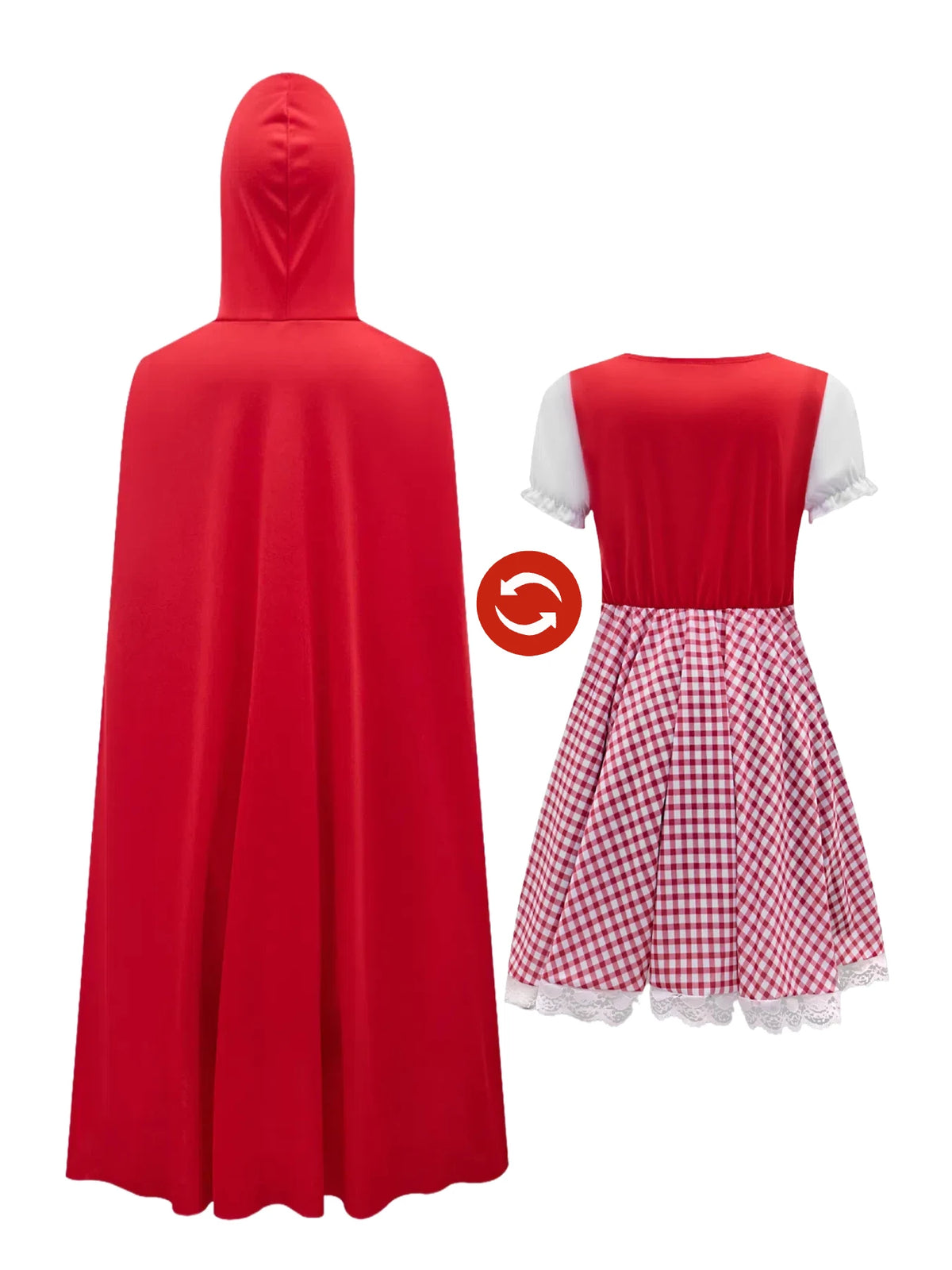 Kids Little Red Riding Hood Costume Girls Halloween Cosplay Outfit Red Hooded Cloak Plaid Lace Strawberry Dress Fairy Tale Fancy