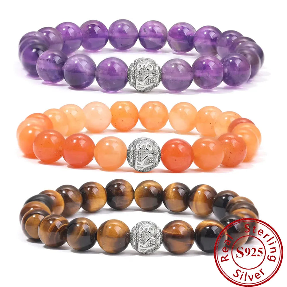 S925 Sterling Silver Natural Stone Bracelet Amethyst  Lava Stone Dragon Pattern Bracelet Jewelry Gift Pulsera De Plata 925