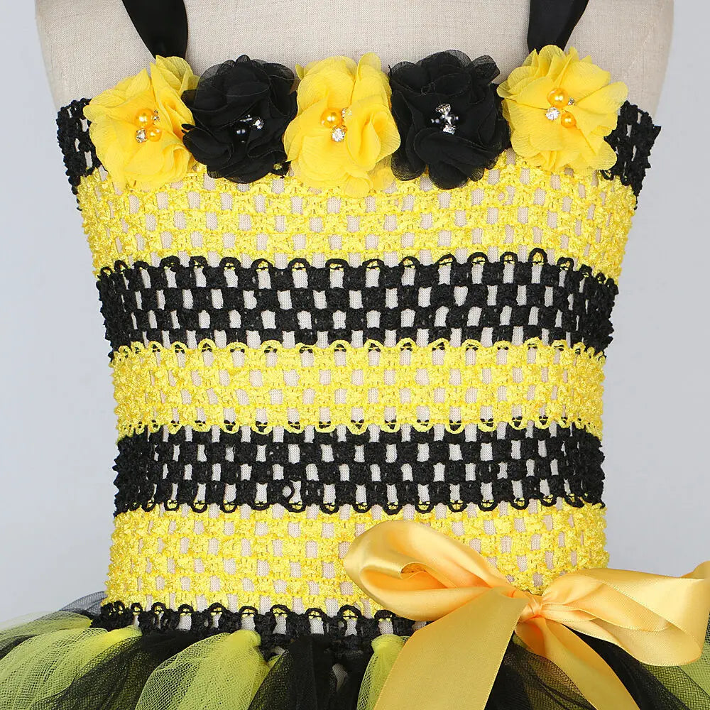 Baby Girls Flower Honeybee Costumes for Kids Yellow Black Little Bee Tutu Dress with Wings Children Birthday Halloween Outfits