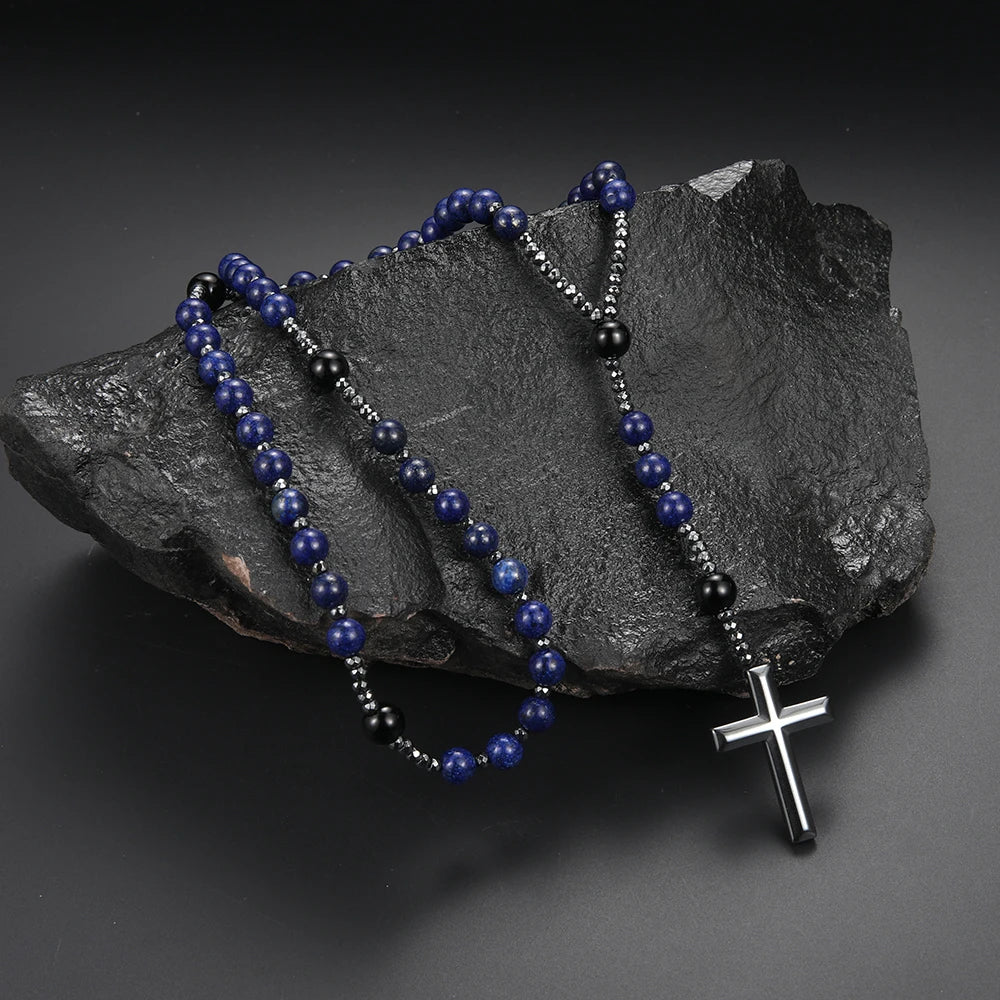 Natural Stone Blue Round Beads Gemstone Cross Pendant Necklace for Men and Women Rosary Prayer Jewelry