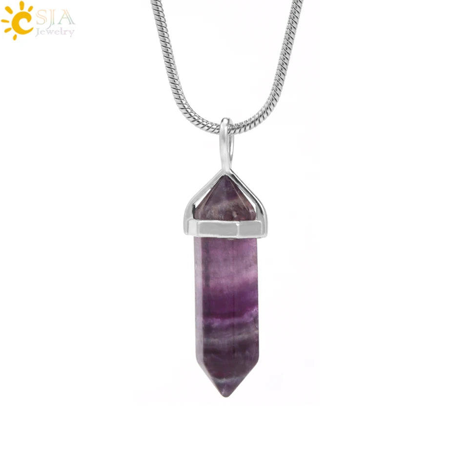 CSJA Fluorite Crystals Necklaces Pendants Suspension Quartz Natural Gem Stone Necklace for Women Hexagonal Reiki Healing G954