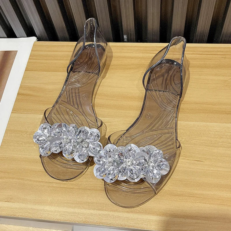 2026 Summer Women Glitter Sequins Jelly Sandals Clear Crystal Flat Peep Toe Transparent Outdoor Casual Slip On Footwear