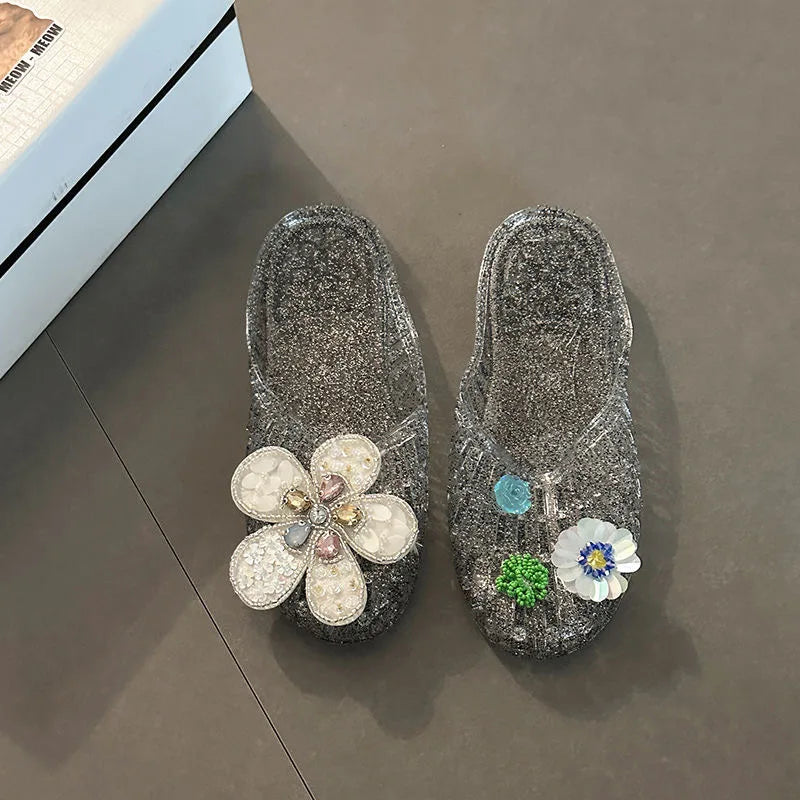 Summer Crystal Slip-On Flat Bottom Transparent Women's Sandals Outdoor Wear Flower Jelly Slippers Open-Toe Slippers Casual Shoes