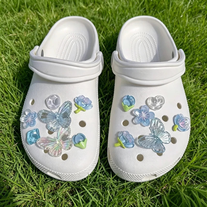 Blue Gradient Butterfly Resin Shoe Charms Iridescent Jelly Ornaments DIY Hole Sandal Decor Cute Summer Gift for Girls Women Kids