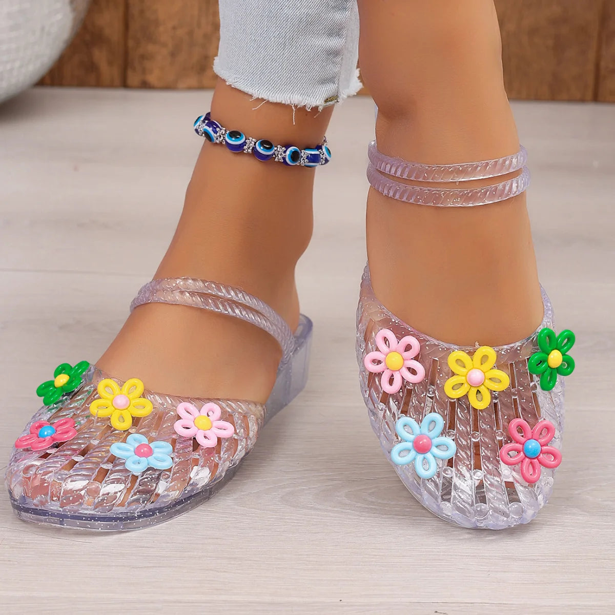 Korean Colorful Flower Transparent PVC Jelly Sandals Woman Summer 2026 Beach Wedges Heel Slippers Ladies Slingback Half Slippers