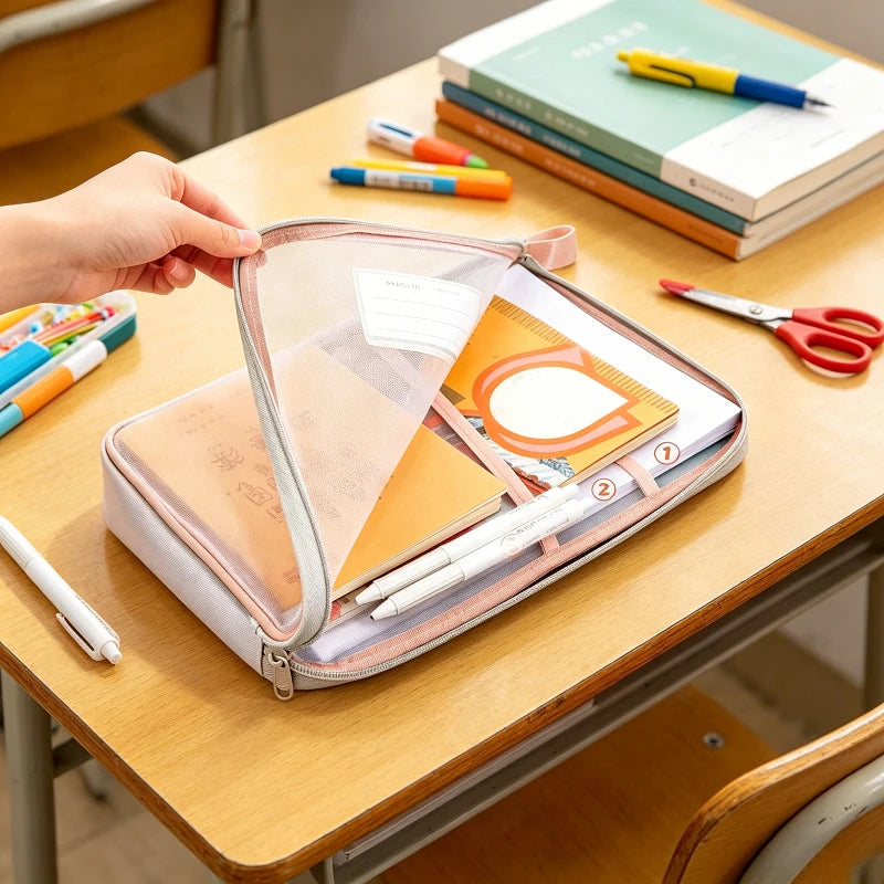 Large Capacity Double-layer A4 Stationery Organizer Storage Bag With Zipper Folders School Office Supplies