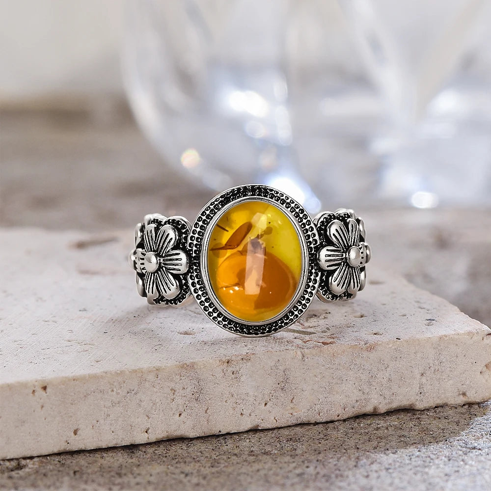 S925 Sterling Silver Ring With Natural Amber Stone Flower Shape Oval Petal Amber Stone Gifts Fine Jewelry For Women