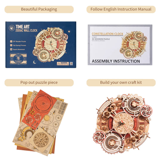 ROKR Wooden 3D Puzzle Zodiac Wall Clock Mechanical Model Building Kit for Wall Decor Clock Jigsaw DIY Craft Kit Birthday Gift for Adults Teens