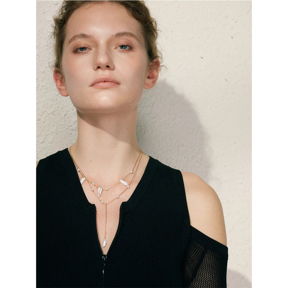 Yhpup Exclusive Design Baroque Natural Freshwater Pearls Luxury Necklace Stainless Steel Double-Layer Chain Premium Jewelry Gift