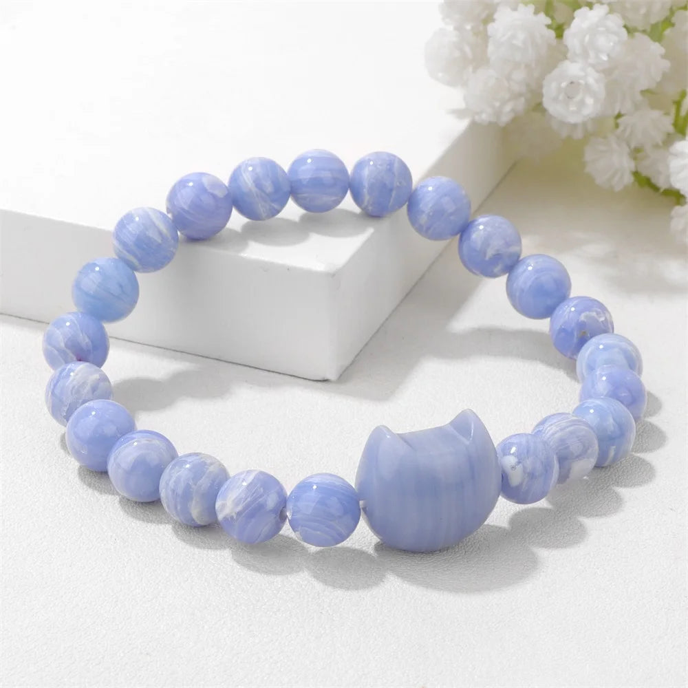 Natural Cat Head Carved Stone Bracelet Tiger Eye Amethyst Agate 8mm Round Gem Bead Elastic Bracelets For Women Men Jewelry Gift