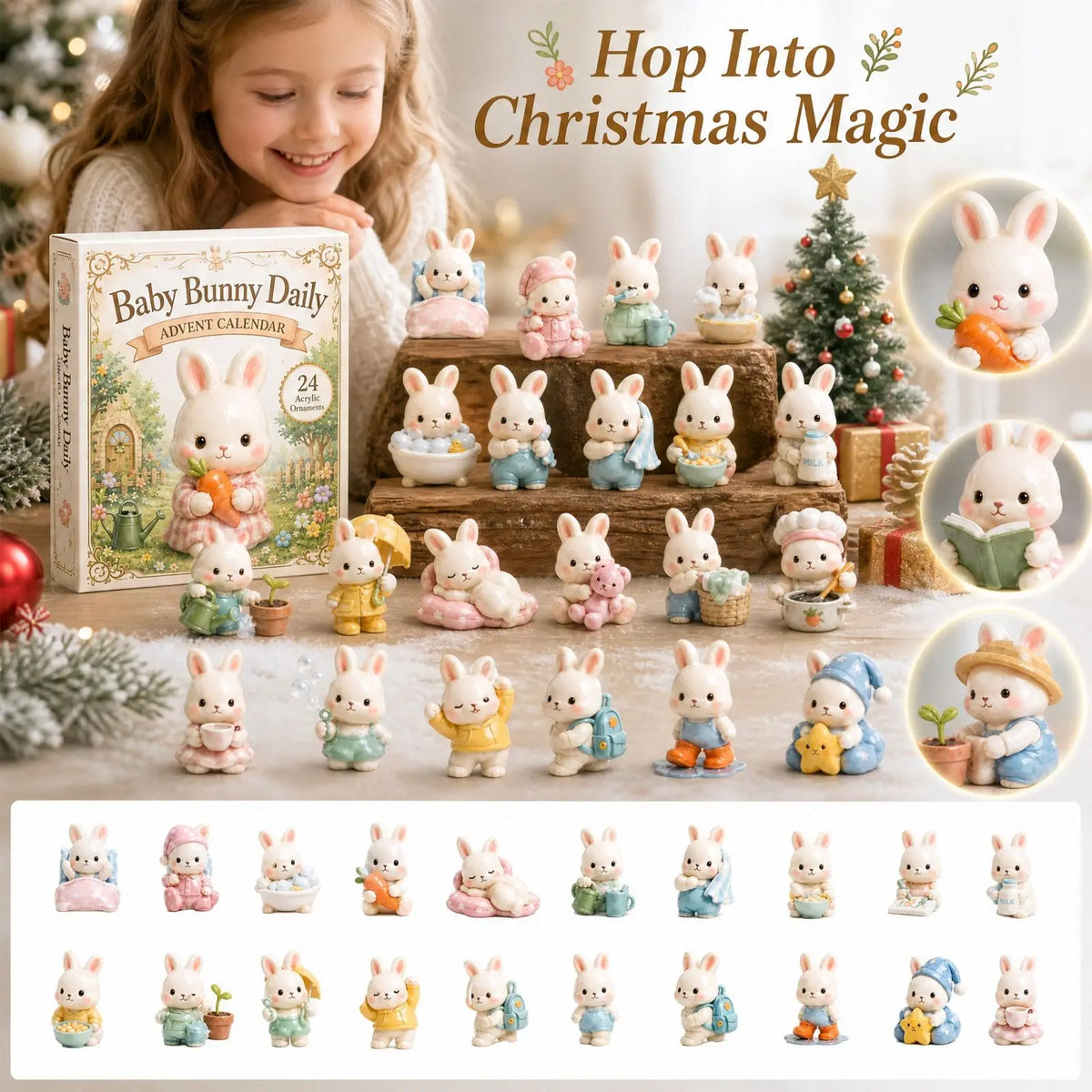 2026 Baby Bunny Advent Calendar 24 Pieces 2D Flat Acrylic Rabbit Hanging Ornaments Christmas Holiday Countdown Collectible