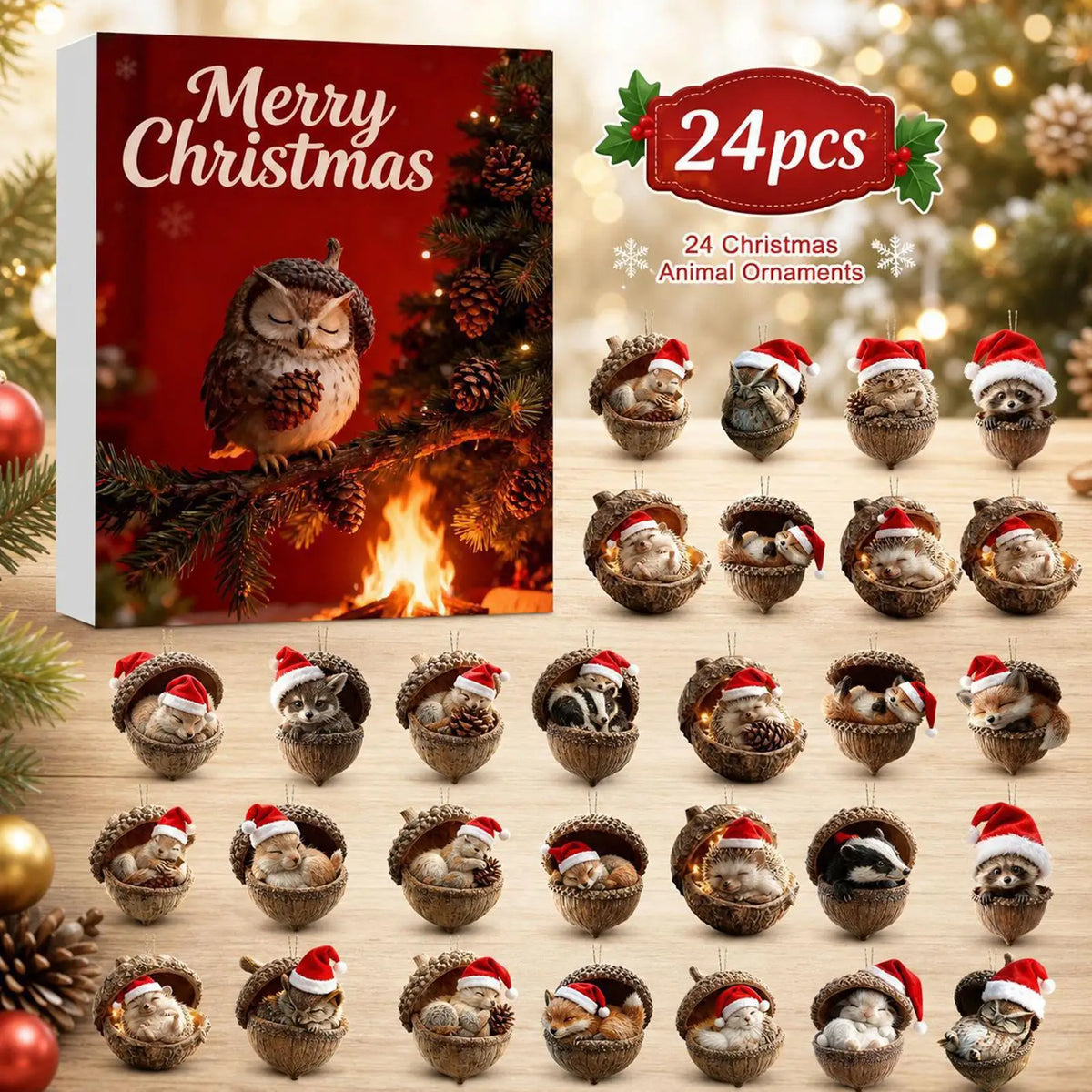 Forest Animal Acrylic Advent Calendar – 24 Woodland Acorn Countdown Ornaments