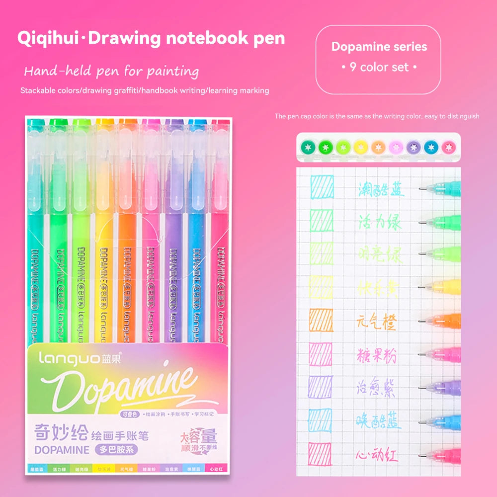 Languo Gel Pen Large Capacity Handbook Pens 6/9Pcs 0.6mm Student Art Diy Doodling Drawing Markers Office Kawaii Art Stationery