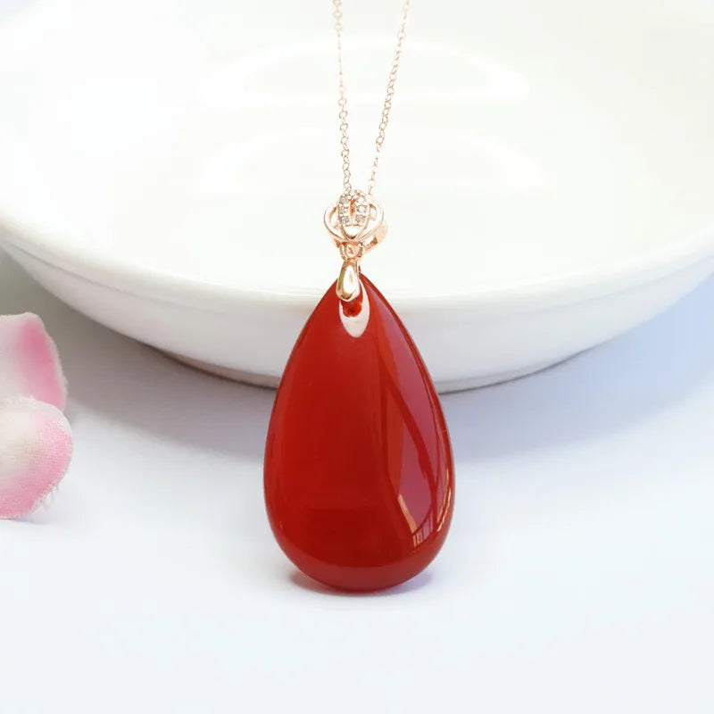 S925 Silver Inlaid Natural Red Agate Pendant,  Craftsmanship Timeless Accessory Water Drop for Man & Women Jewelry Party & Gift