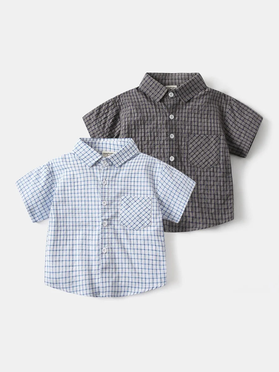 2026 Summer 2-6Y Childrens Clothes Turn-down Collar Bubble Plaid Boys Shirt with Chest Pocket Single-row Buttons