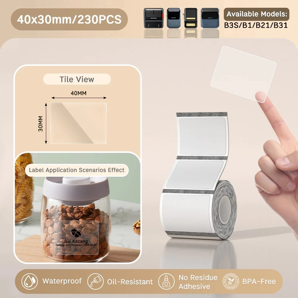 NIIMBOT B21/B1/B3s Transparent Label Printing Paper Name Sticker Waterproof Circle/square Thermal Label paper