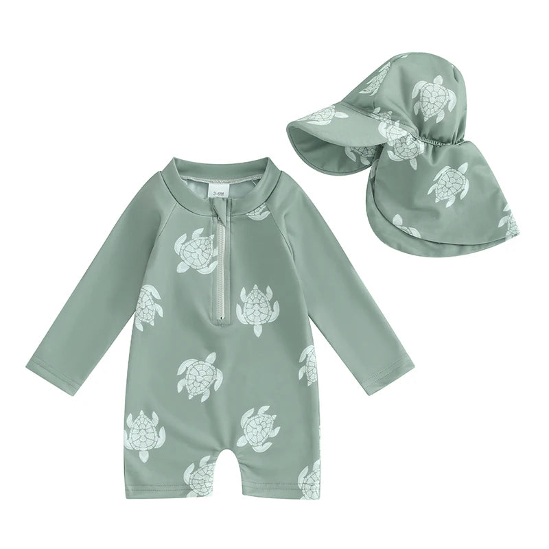 Tregren Toddler Boys Rash Guard Swimsuit Long Sleeve Turtle/Dinosaur Print Infant Bathing Suit Swimwear with Swim Caps Beachwear