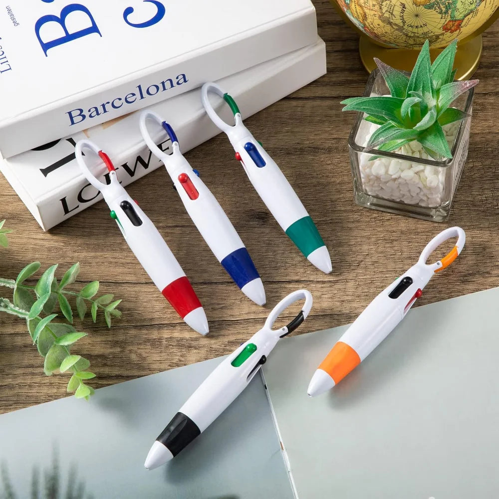 Retractable Shuttle Pens with Carabiner Clip - Pack of 4-12 Bulk 4-in-1 Multi-Colored Ink Ballpoint Pens with Keychain for Adult