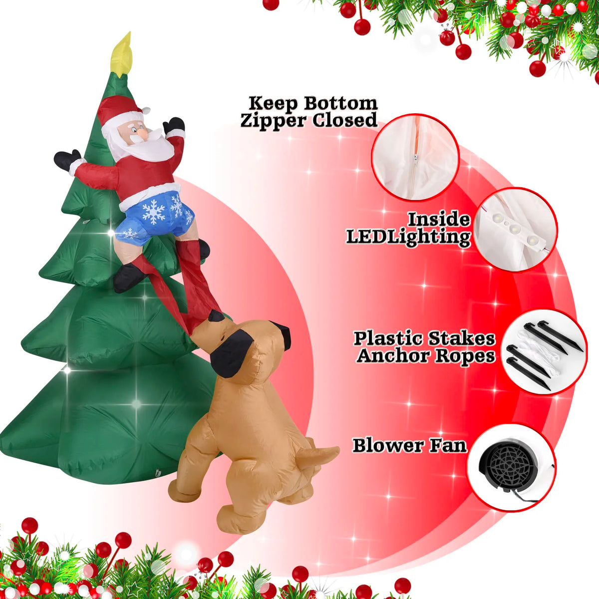 Christmas Inflatable Dog  w/Santa Claus Climbing Tree Lighted Blow Up Outdoor Yard Lawn Decoration for Home Garden Holiday Party