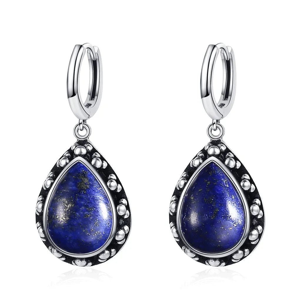 Vintage Natural Lapis Lazuli Jewelry S925 Sterling Silver Earrings for Women Moonstone Gemstone Engagement Anniversary Gift
