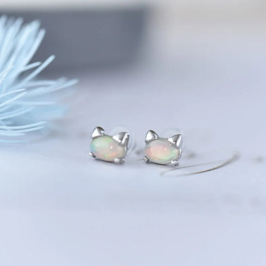 ITSMOS Opal Earrings s925 Sterling Silver Post Natural Fire Opal Cute cat Studs Delicate Simple Jewelry Women Lovely Gift