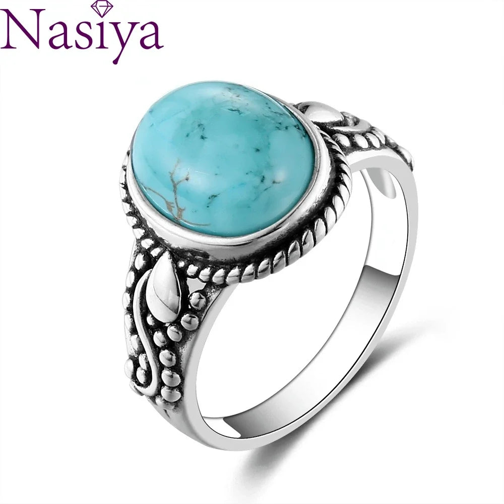 S925 Silver Oval Natural Turquoise Rings for Men Women Silver Fine Jewelry