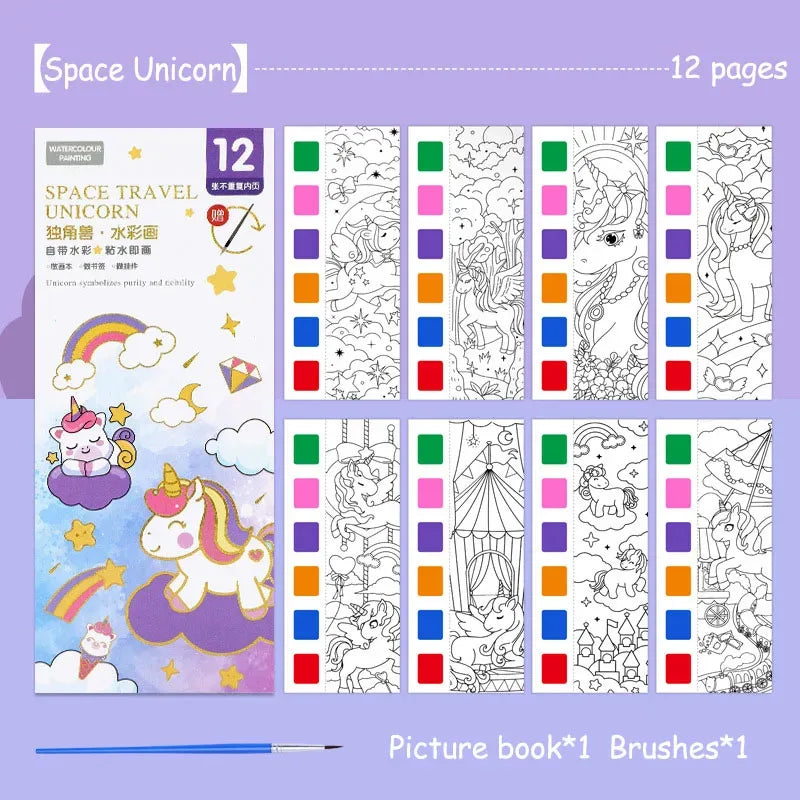 Portable Watercolor Book Set - 12 Sheets Gouache Painting with Brush, Kids Graffiti Drawing Art Stationery