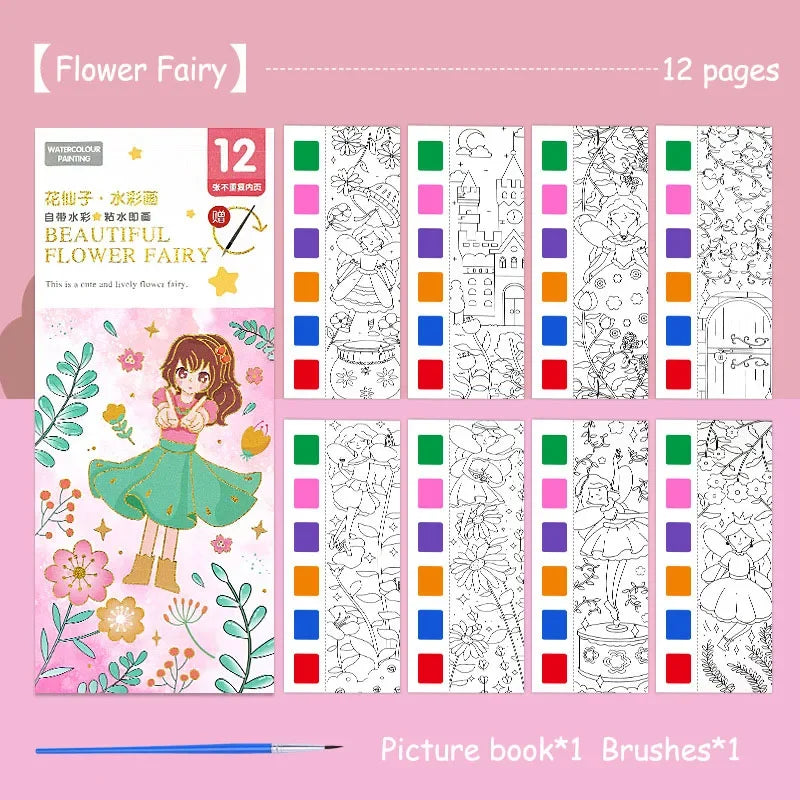 Portable Watercolor Book Set - 12 Sheets Gouache Painting with Brush, Kids Graffiti Drawing Art Stationery