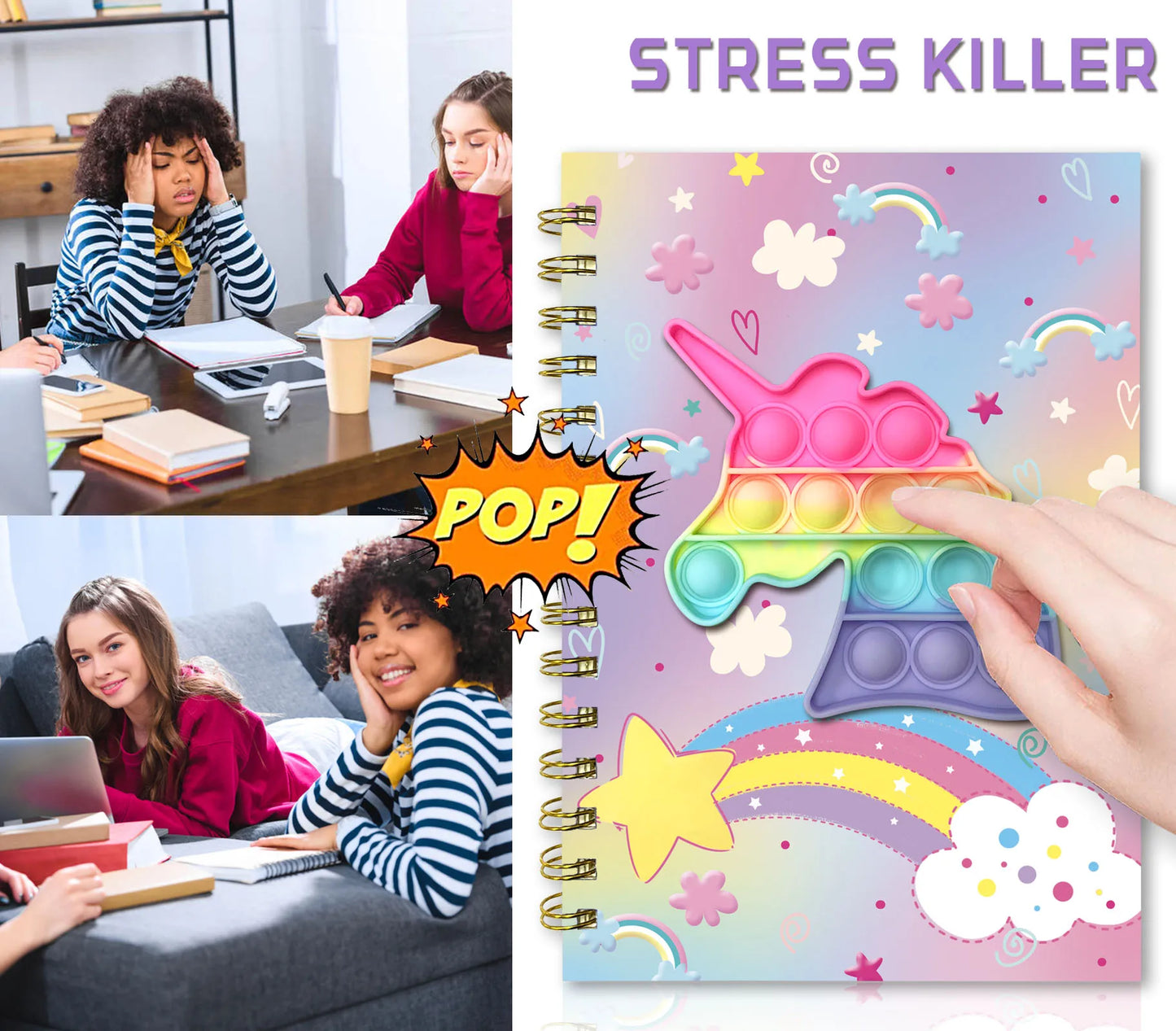 Pop Notebook for Kids, A5 Fidget Girls Diary Journal with 6 Multicolor Pen, Spiral Journal Writing Drawing Gifts Stuff Age 6 8 1