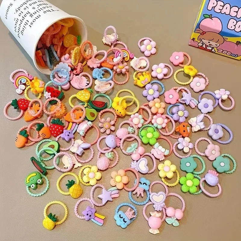30pcs Girls High Elastic Hair Bands Non-Hurting Cartoon Animal Flower Fruit Decorative Hair Bands for Kids